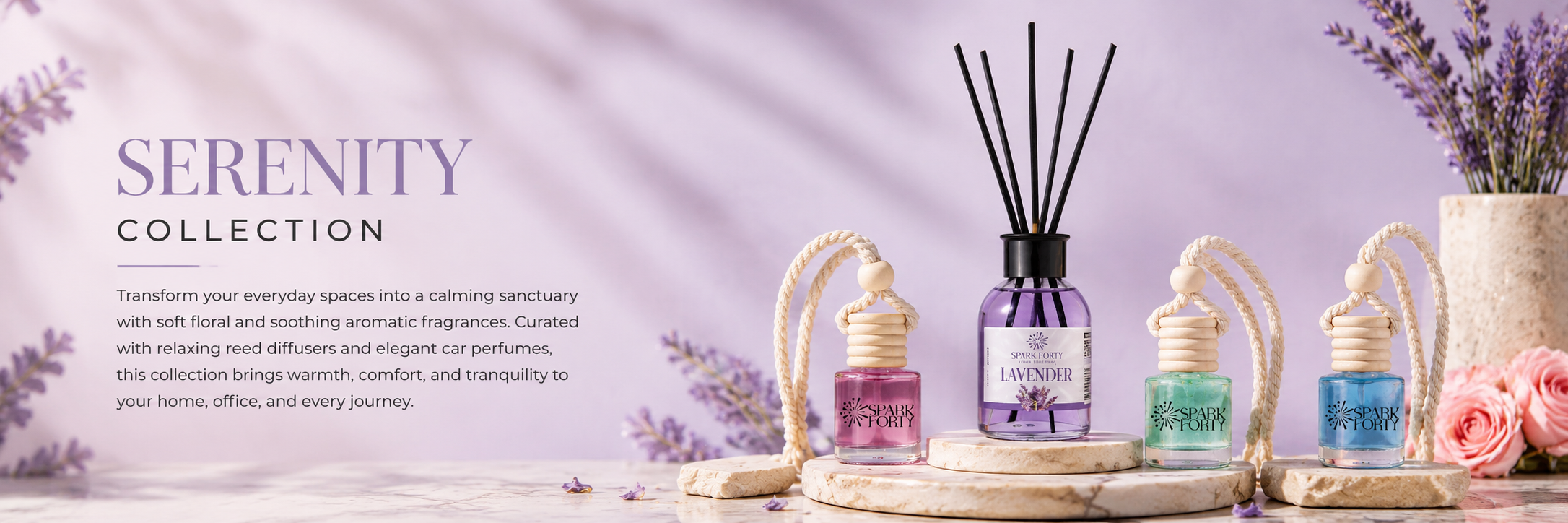 Serenity Collection featuring floral reed diffusers and car fresheners designed to create a calming and relaxing atmosphere