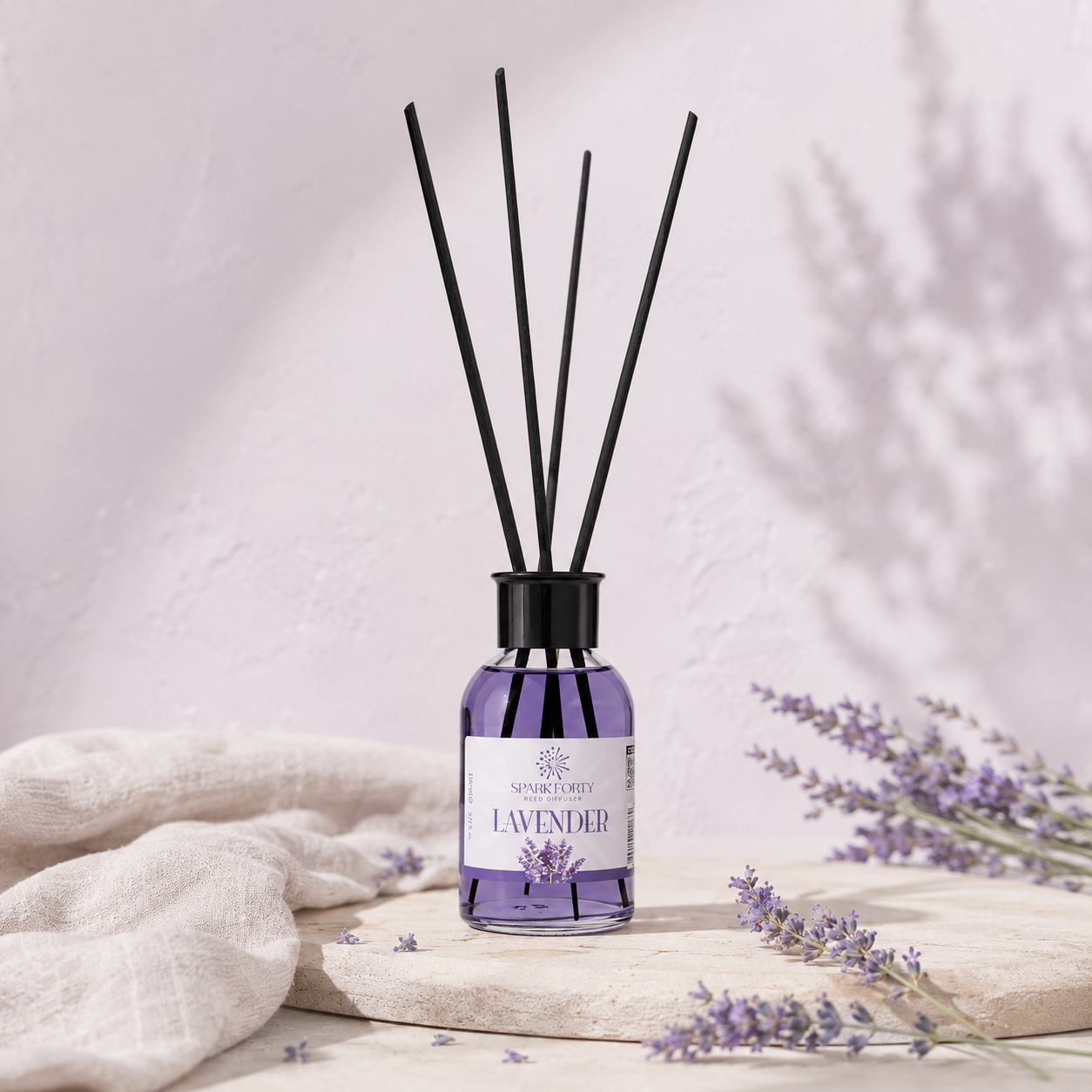 Premium lavender reed diffuser with long-lasting fragrance oils, designed to enhance bedrooms, living rooms, and modern home interiors