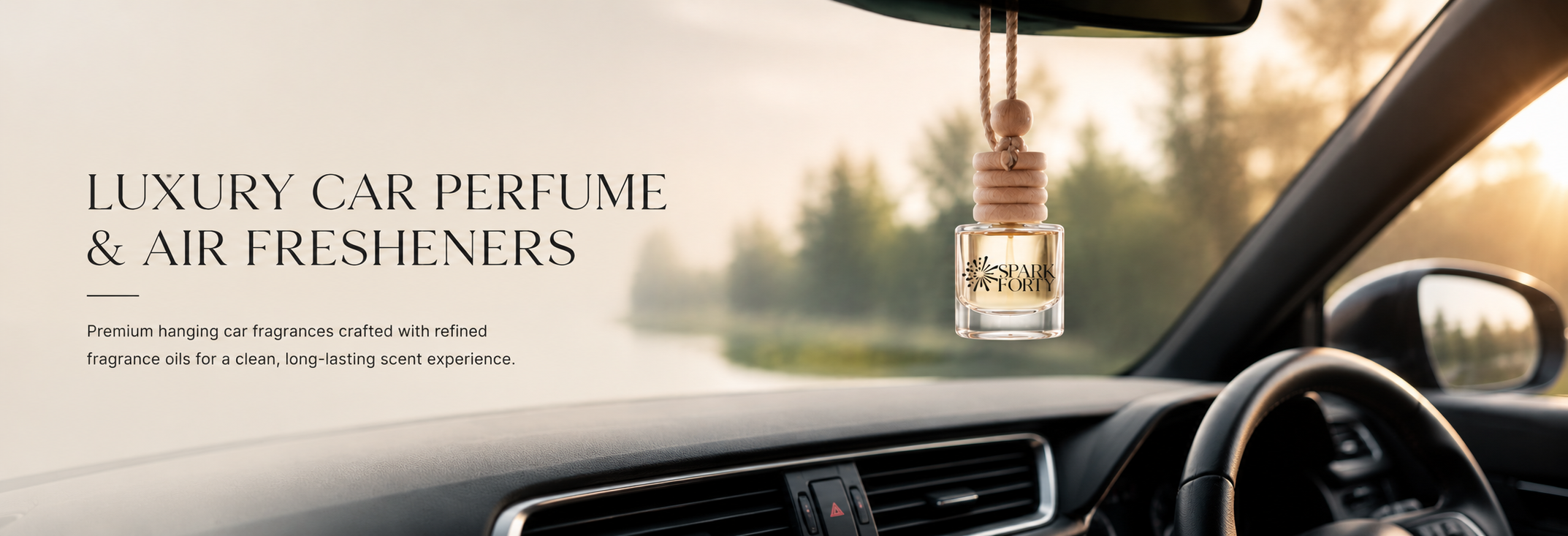 Hanging car air freshener with fragrance oils displayed in a modern vehicle interior for long-lasting luxury scent
