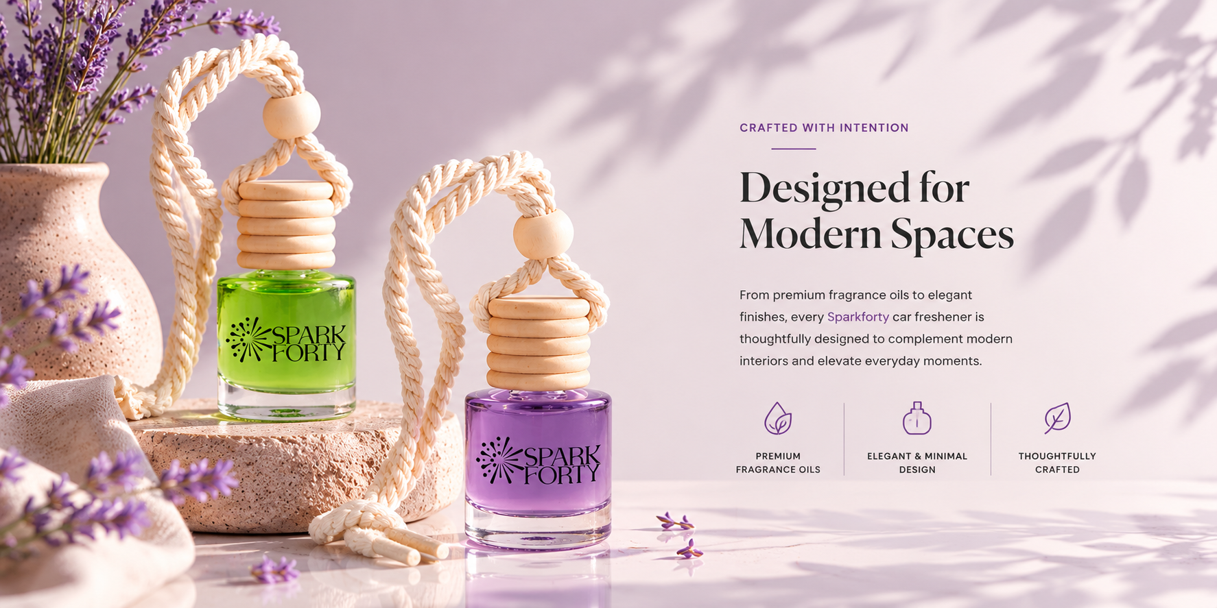 Sparkforty premium car fresheners with fragrance oils displayed in a modern interior setting, designed to complement contemporary spaces and everyday living