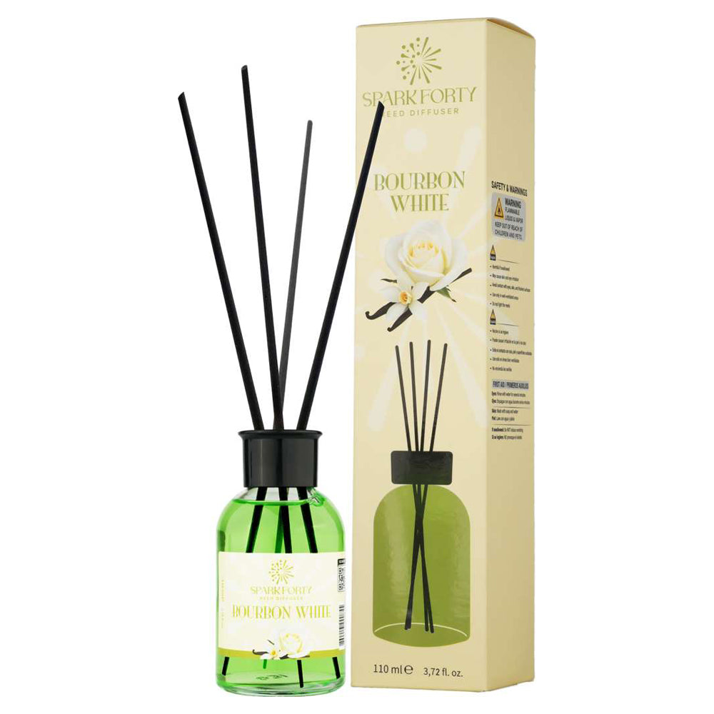 Sparkforty Bourbon White Reed Diffuser Home Fragrance, Luxury Glass Bottle 110ml with Natural Rattan Reeds, Vanilla Bean & White Floral Long-Lasting Room Air Freshener