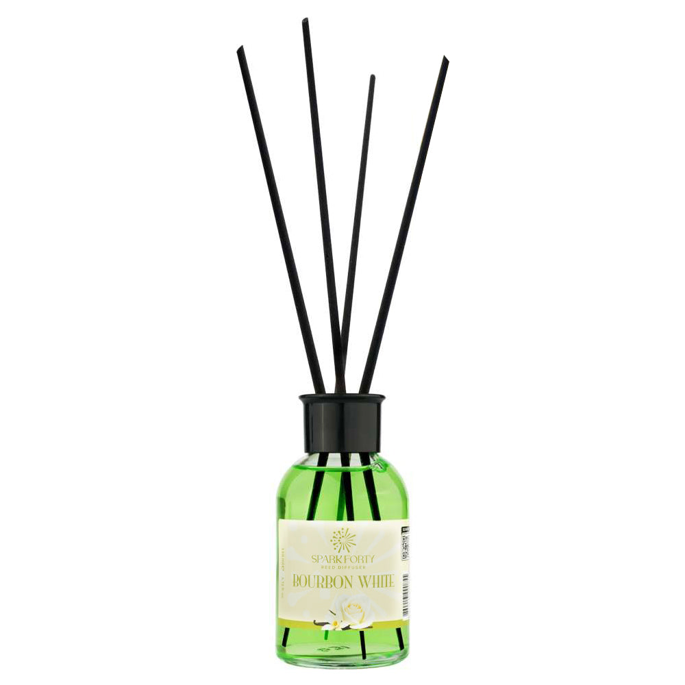 Sparkforty Bourbon White Reed Diffuser Home Fragrance, Luxury Glass Bottle 110ml with Natural Rattan Reeds, Vanilla Bean & White Floral Long-Lasting Room Air Freshener