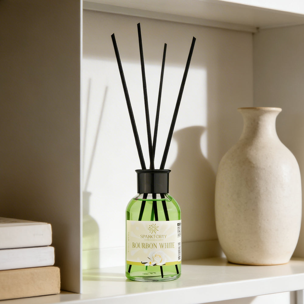 Sparkforty Bourbon White Reed Diffuser Home Fragrance, Luxury Glass Bottle 110ml with Natural Rattan Reeds, Vanilla Bean & White Floral Long-Lasting Room Air Freshener
