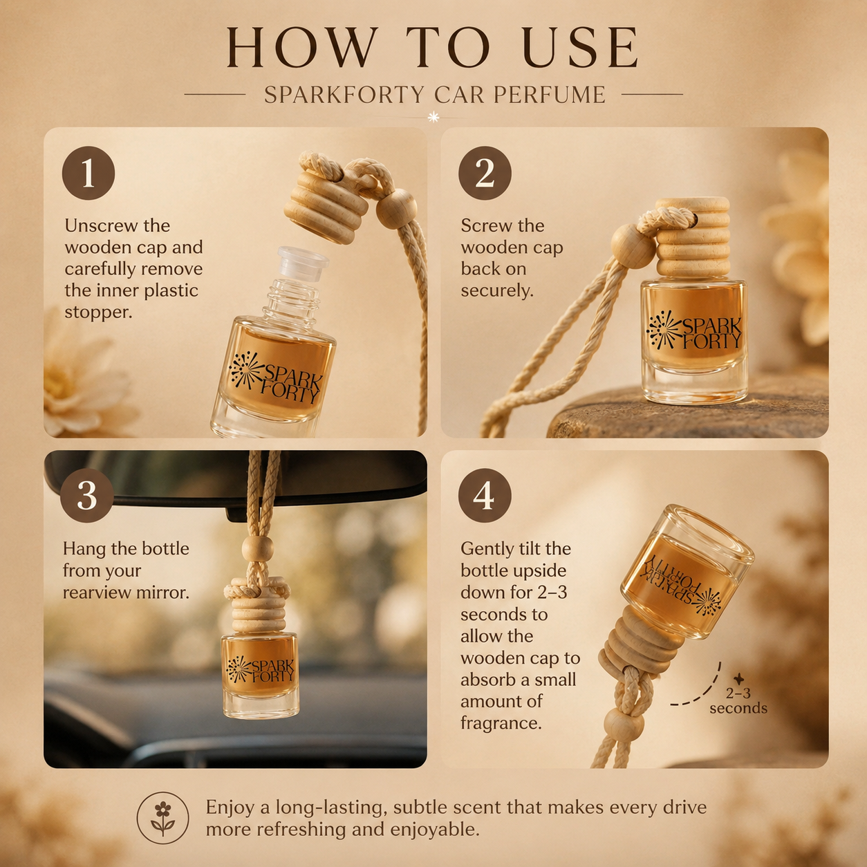Instruction graphic titled 'HOW TO USE SPARKFORTY CAR PERFUME' showing four numbered steps with a small clear bottle, amber liquid, and a wooden cap hanging from a rope. The steps demonstrate unscrewing the cap, securing it, hanging the bottle, and tilting it to release fragrance.