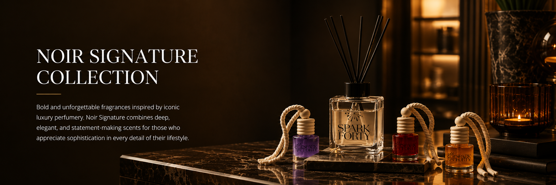 Noir Signature Collection featuring premium reed diffusers and car fresheners with rich, sophisticated fragrance profiles
