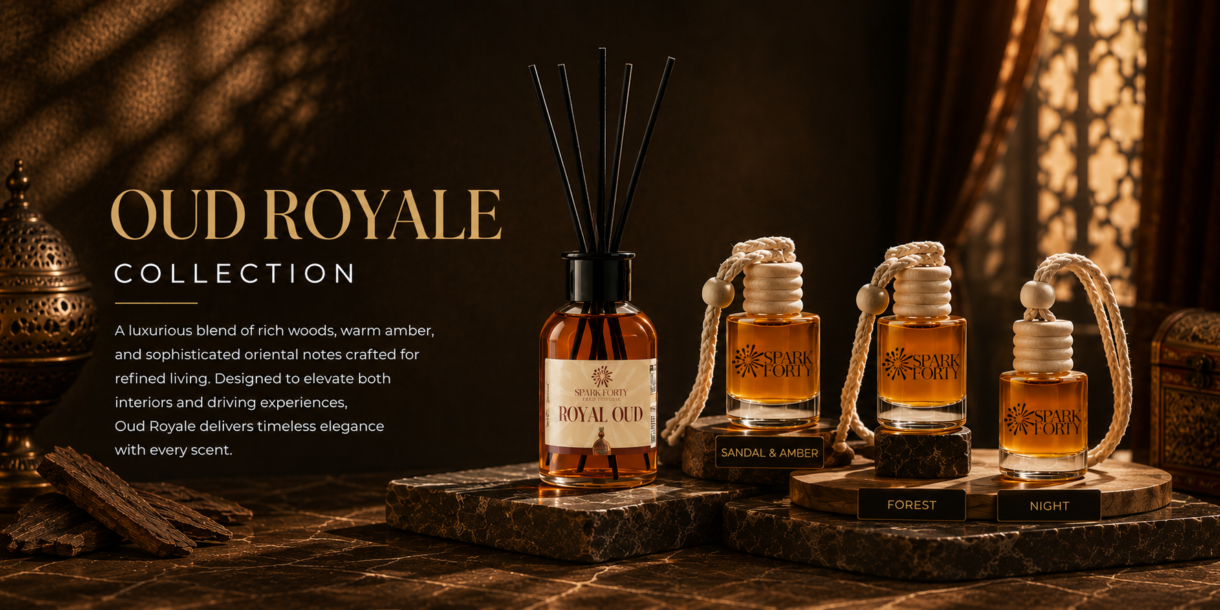 Oud Royale Collection featuring luxury reed diffusers and car fresheners with rich oud, amber, and oriental fragrance notes