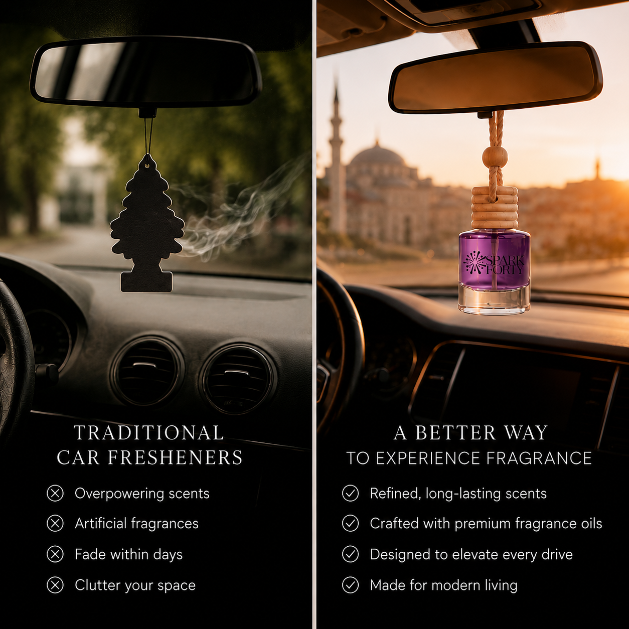 Side-by-side comparison showing a traditional car air freshener and a Sparkforty luxury car perfume designed for modern interiors