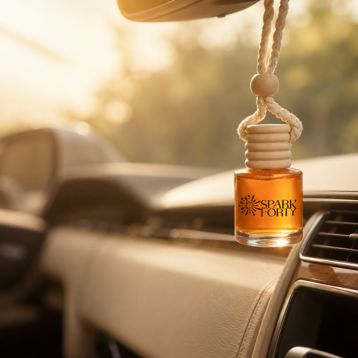 Sparkforty cinnamon car perfume hanging inside a luxury vehicle, providing a long-lasting premium car fragrance
