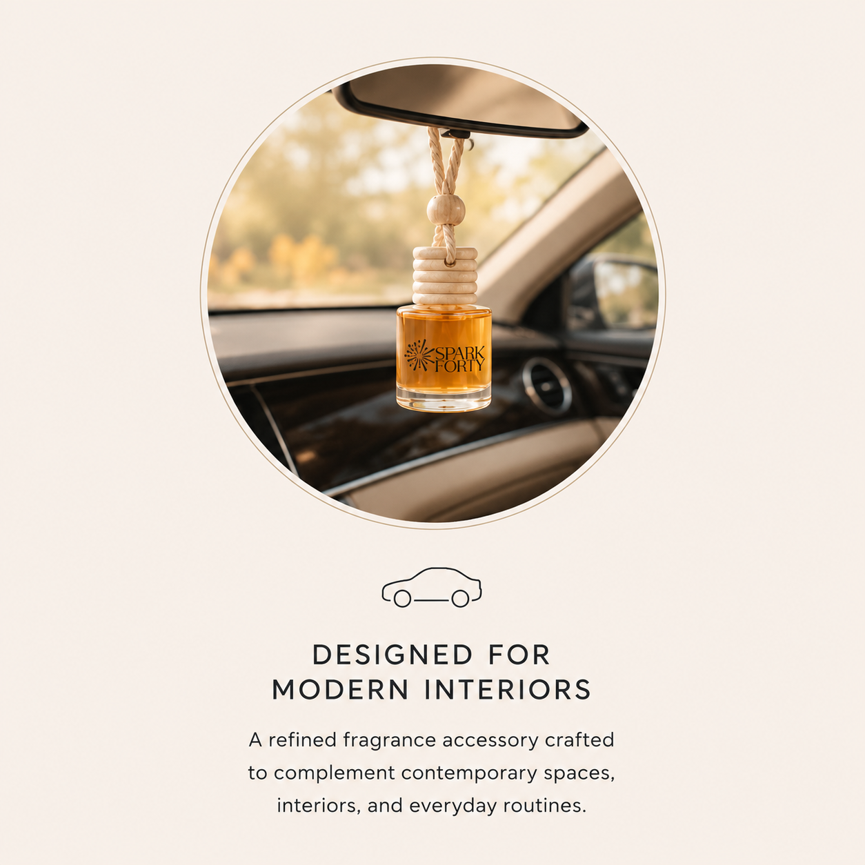 Sparkforty hanging car freshener displayed in a modern vehicle interior, combining elegant design with premium fragrance
